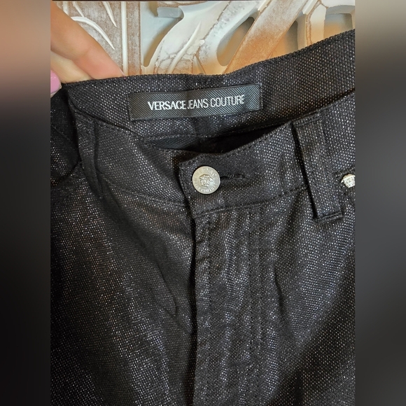 Versace Couture Black Shimmer Denim Jeans Vintage Wide Leg Made In Italy Size 35 - Picture 2 of 10